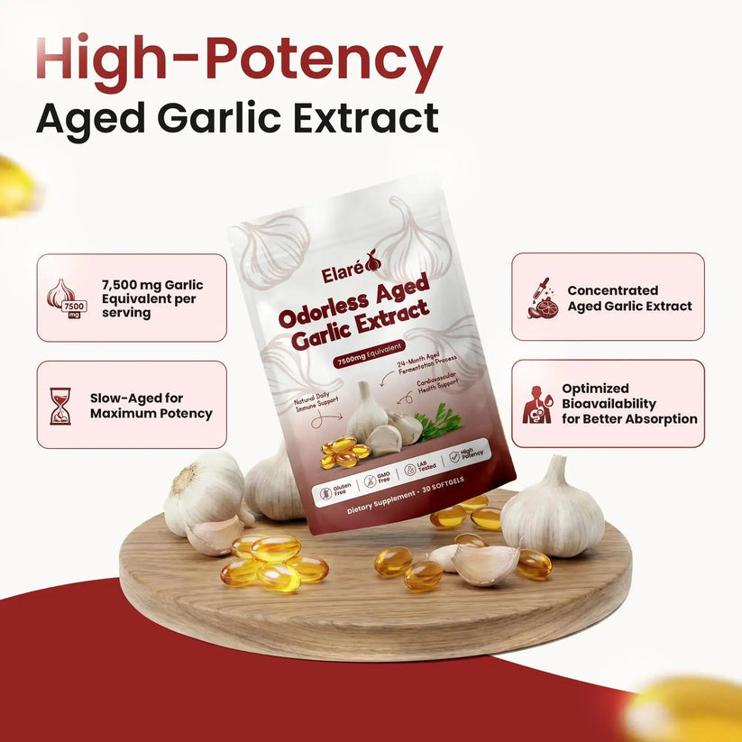 Elare Aged Garlic Extract - 7500mg Odorless Softgels