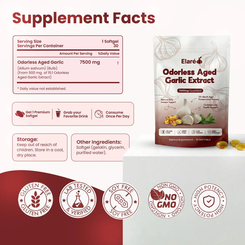 Elare Aged Garlic Extract - 7500mg Odorless Softgels